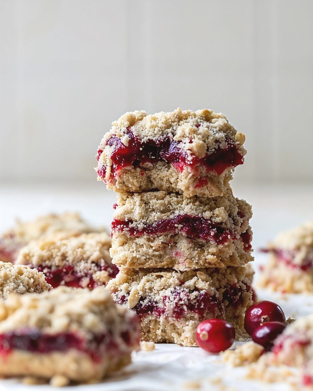 A stack of oat crumble cranberry bars filled with tart red cranberry jam and garnished with fresh whole cranberries, perfect for festive Thanksgiving potluck desserts.