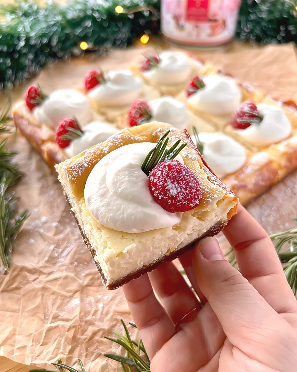 A hand holding a slice of eggnog gingersnap cheesecake bar topped with whipped cream, a sugared cranberry, and a rosemary sprig, perfect for festive Thanksgiving potluck desserts.