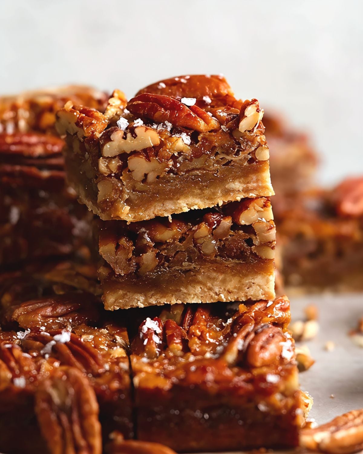A stack of chewy maple pecan pie bars featuring a shortbread crust, gooey maple-pecan filling, and flaky sea salt, perfect for Thanksgiving potluck desserts.