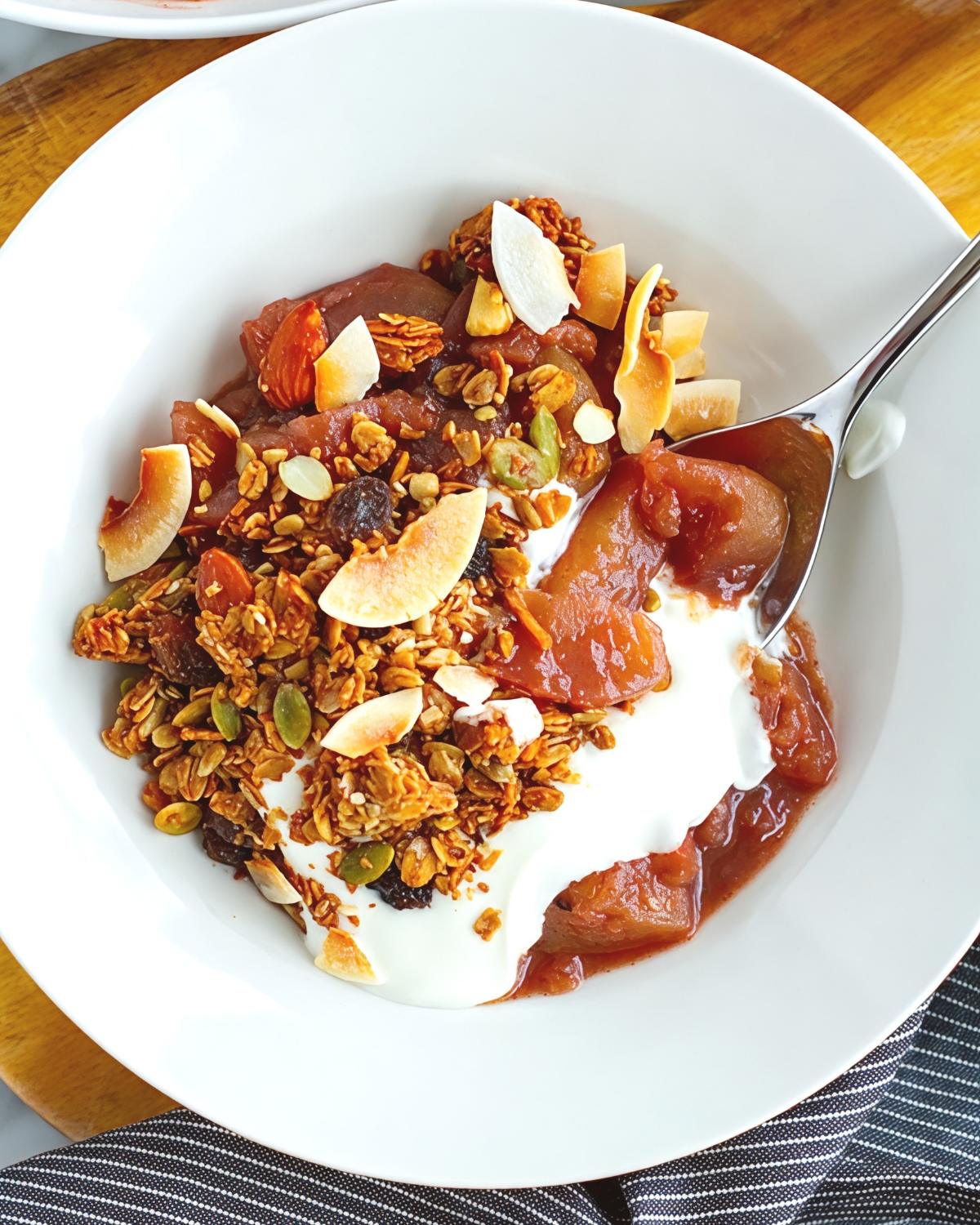 A white bowl of tender Instant Pot stewed apples in mulled wine topped with creamy yogurt, crunchy granola, and toasted coconut flakes, making a cozy addition to Thanksgiving potluck desserts.