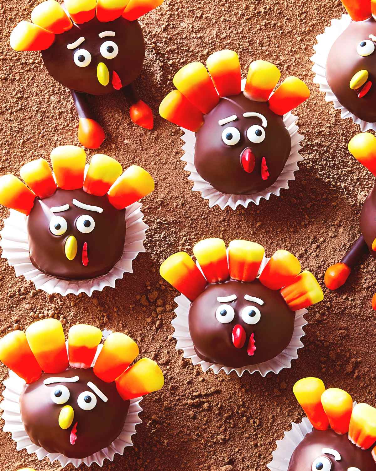 Cute chocolate turkey Oreo balls decorated with candy corn tail feathers, candy eyes, and red icing waddles, served as fun Thanksgiving potluck desserts.