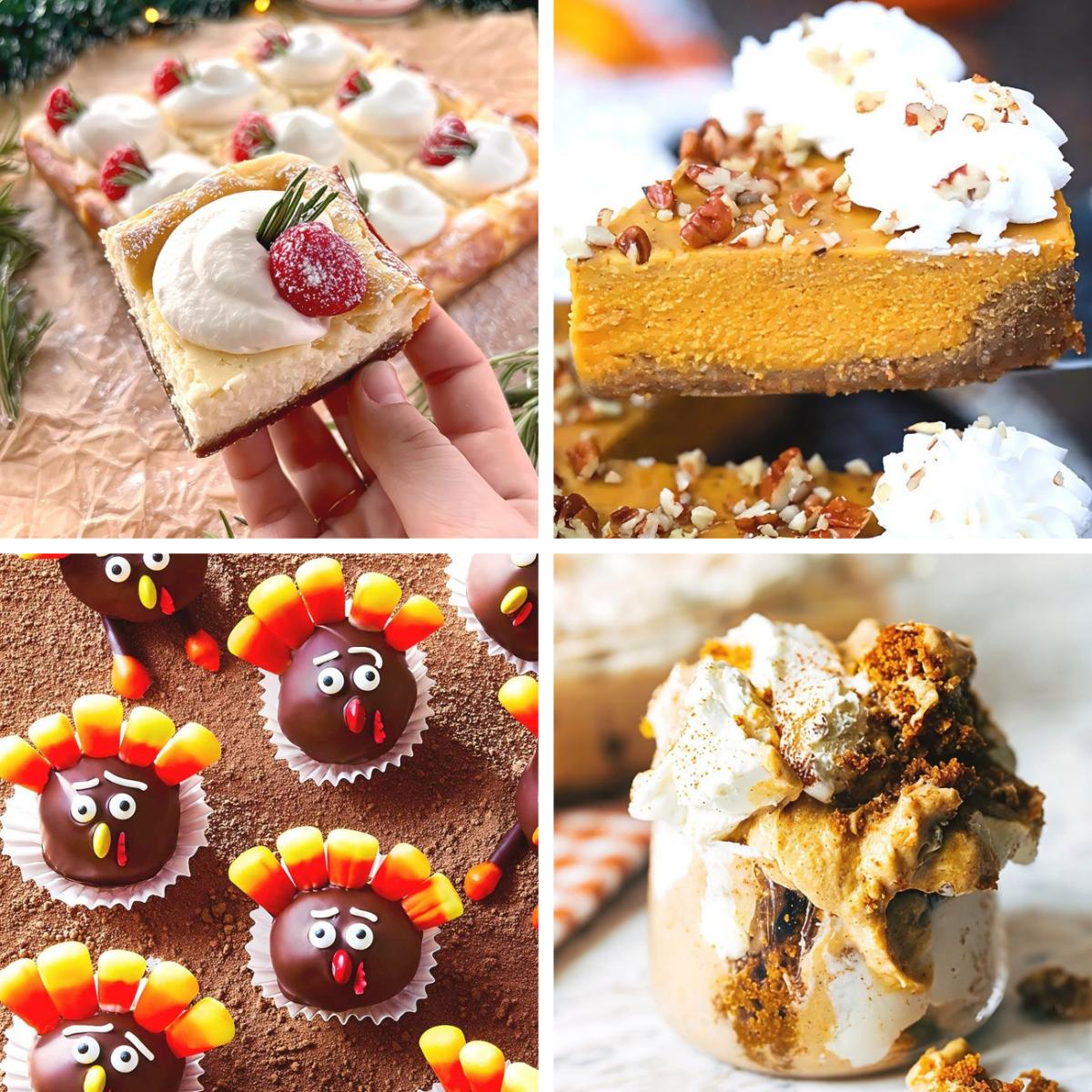 A collage featuring popular Thanksgiving potluck desserts including festive cheesecake bars, pumpkin pie, turkey Oreo balls, and pumpkin bread pudding.