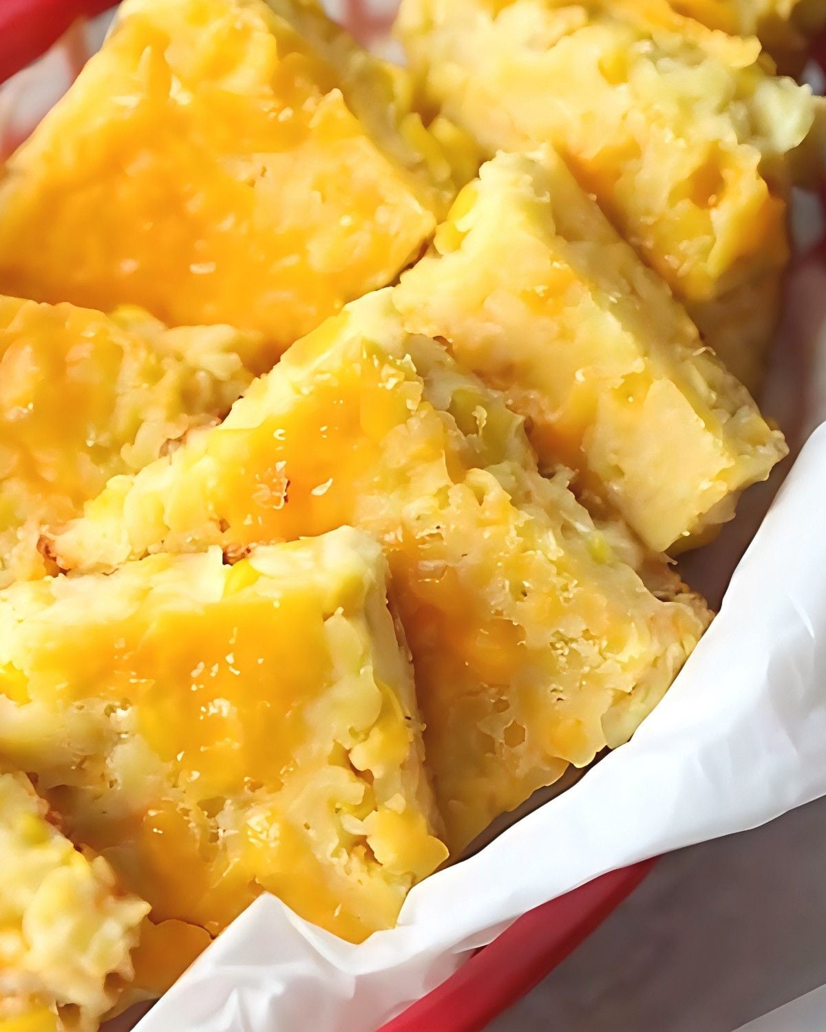 Close-up of golden, moist cheesy cornbread casserole squares with melted cheddar arranged in a parchment-lined basket for Thanksgiving side dishes for a crowd.