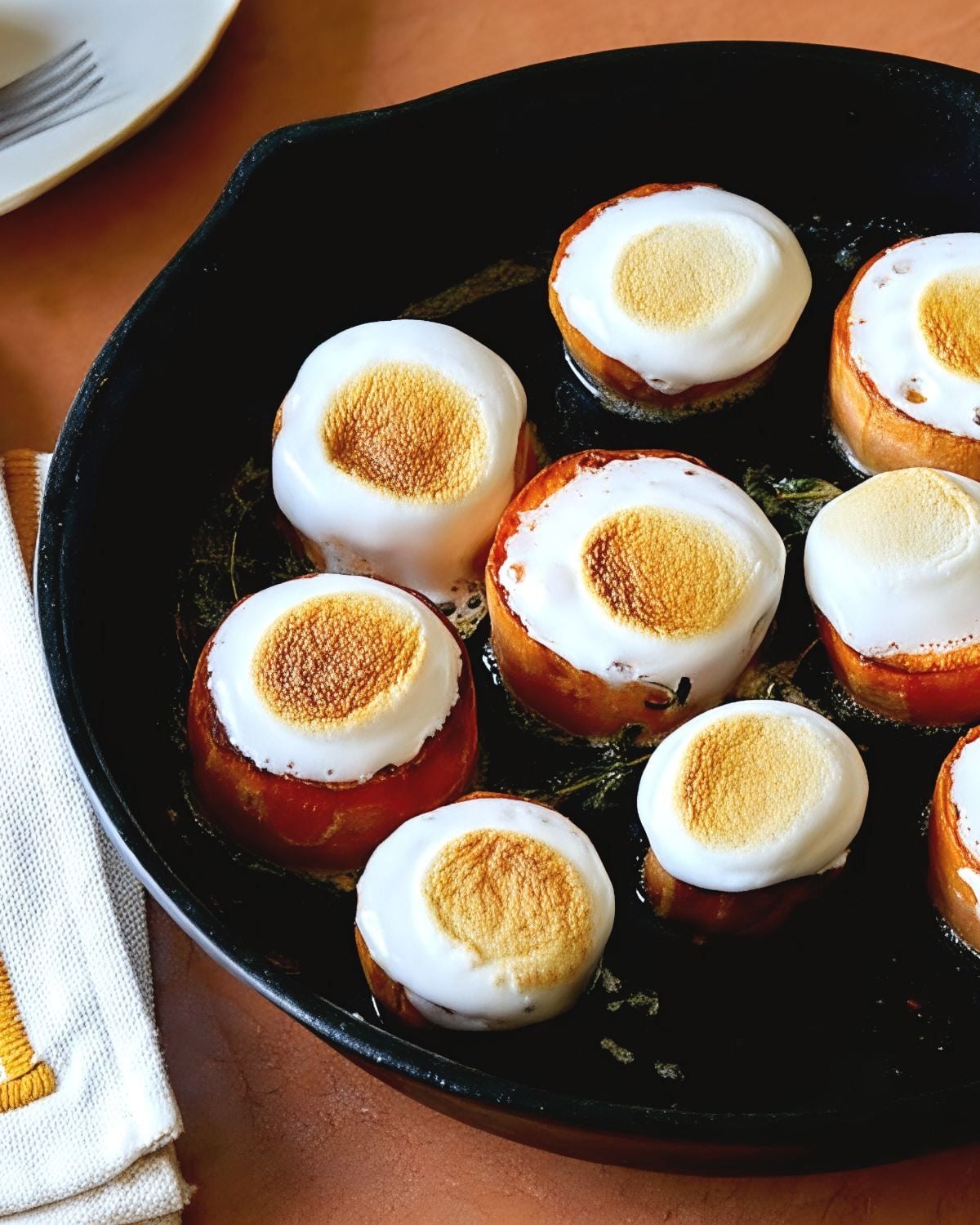 Thick round slices of melting sweet potatoes topped with toasted, gooey marshmallows served in a cast-iron skillet for Thanksgiving side dishes for a crowd.