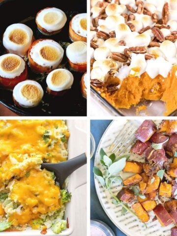 A photo collage displaying a variety of holiday dishes, including marshmallow-topped sweet potatoes, cheesy broccoli casserole, and roasted squash, perfect as Thanksgiving side dishes for a crowd.