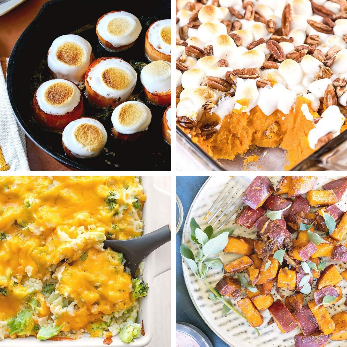 A photo collage displaying a variety of holiday dishes, including marshmallow-topped sweet potatoes, cheesy broccoli casserole, and roasted squash, perfect as Thanksgiving side dishes for a crowd.