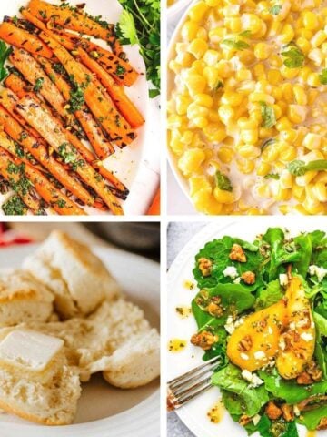A collage of quick Thanksgiving side dishes including honey roasted carrots with pistachios, creamy corn pudding, flaky buttermilk biscuits with butter, and a caramelized pear gorgonzola salad