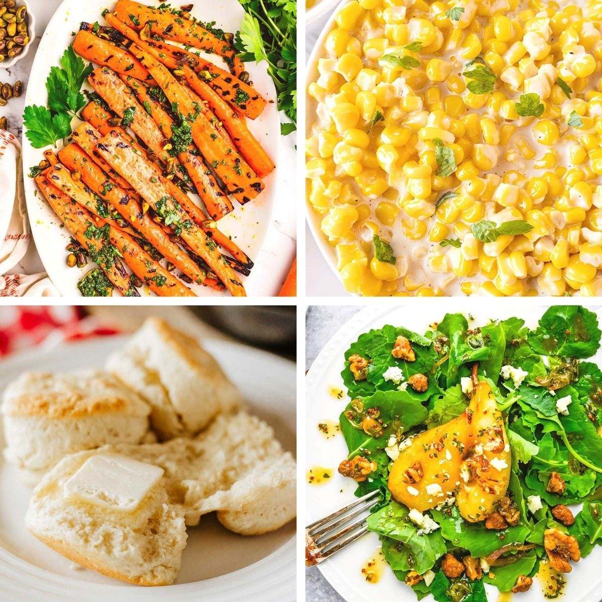 A collage of quick Thanksgiving side dishes including honey roasted carrots with pistachios, creamy corn pudding, flaky buttermilk biscuits with butter, and a caramelized pear gorgonzola salad