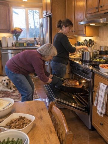 At the Thanksgiving stovetop with four burners going and the oven door open, a woman reaches for a roasting pan while her adult daughter moves a pot just before dinner.
