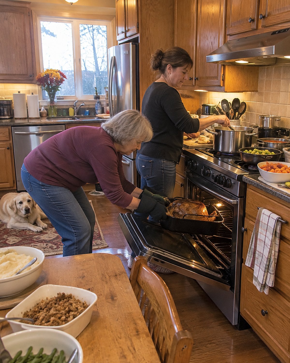 At the Thanksgiving stovetop with four burners going and the oven door open, a woman reaches for a roasting pan while her adult daughter moves a pot just before dinner.