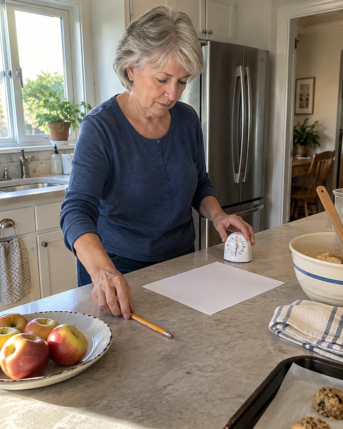 A handwritten oven schedule lies beside a kitchen timer, away from the burners.