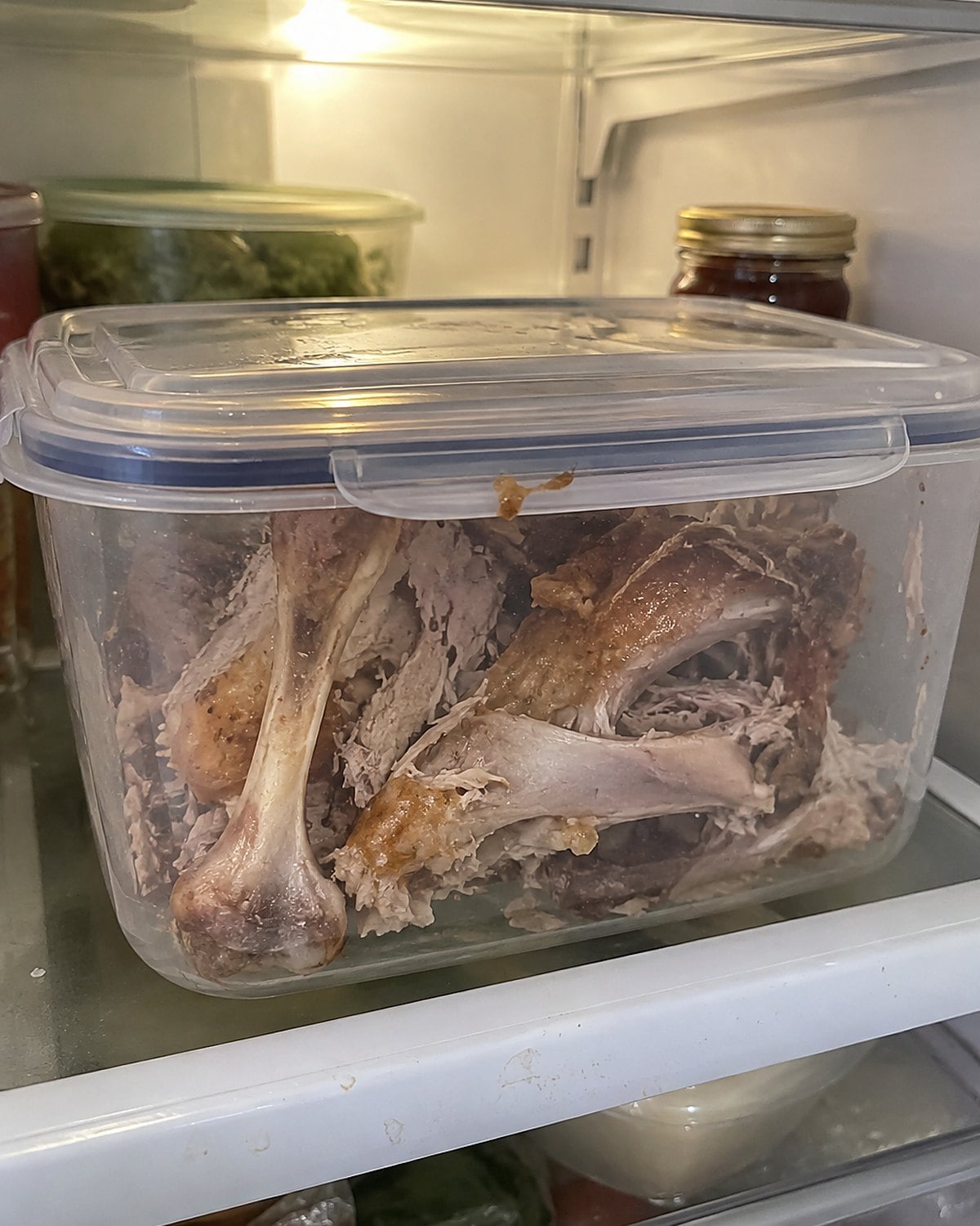 Turkey bones sit in a covered container on a refrigerator shelf.