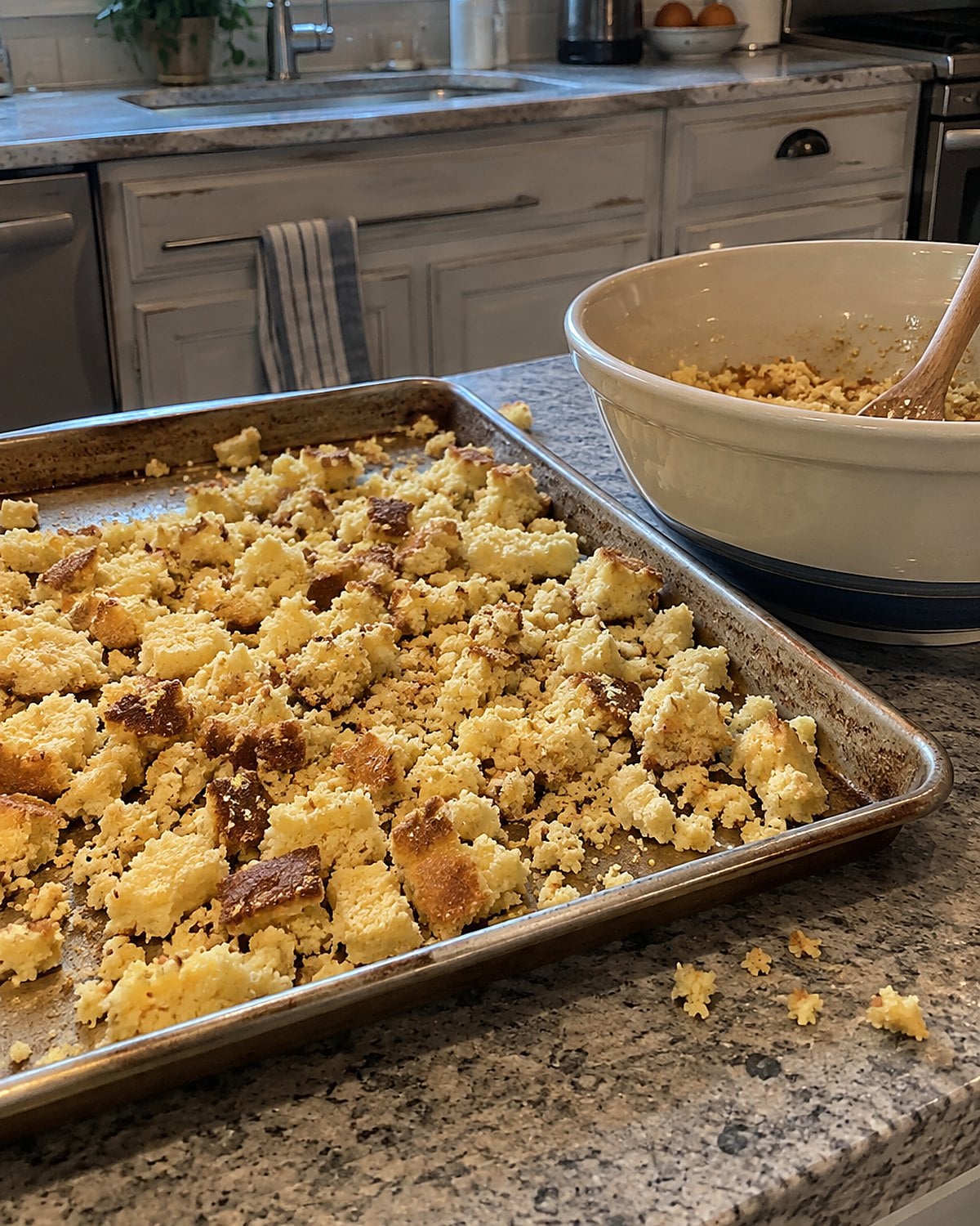 Crumbled cornbread dries on a baking sheet beside a large mixing bowl.
