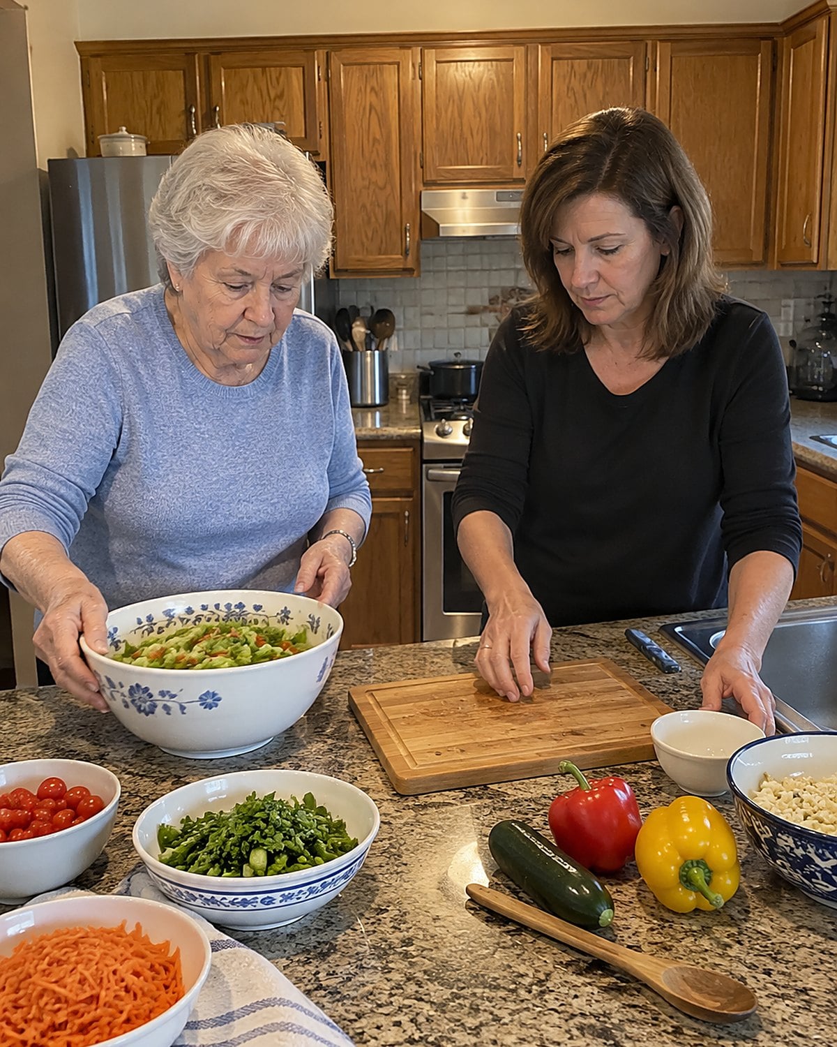 Bowls crowd a kitchen counter while hands clear space around a cutting board.