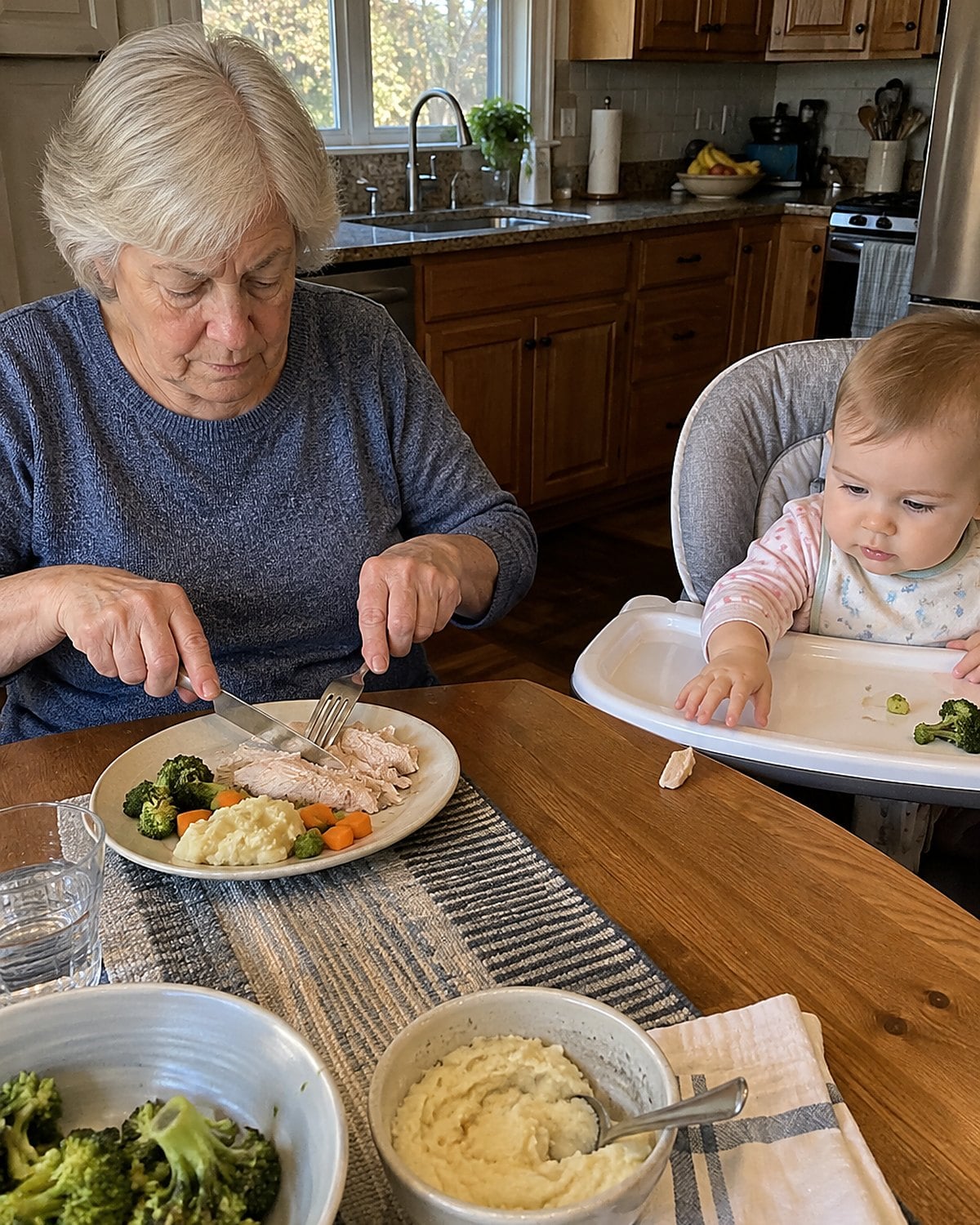 A parent cuts a plain piece of turkey beside a grandchild's high chair.