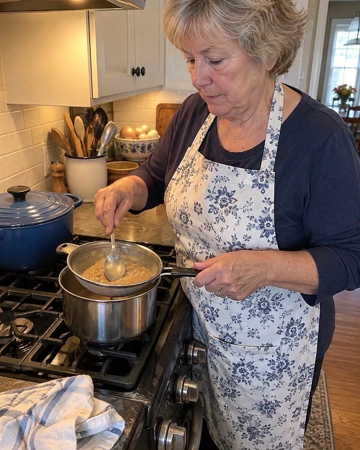 A hand pushes lumpy gravy through a strainer over a small pot.