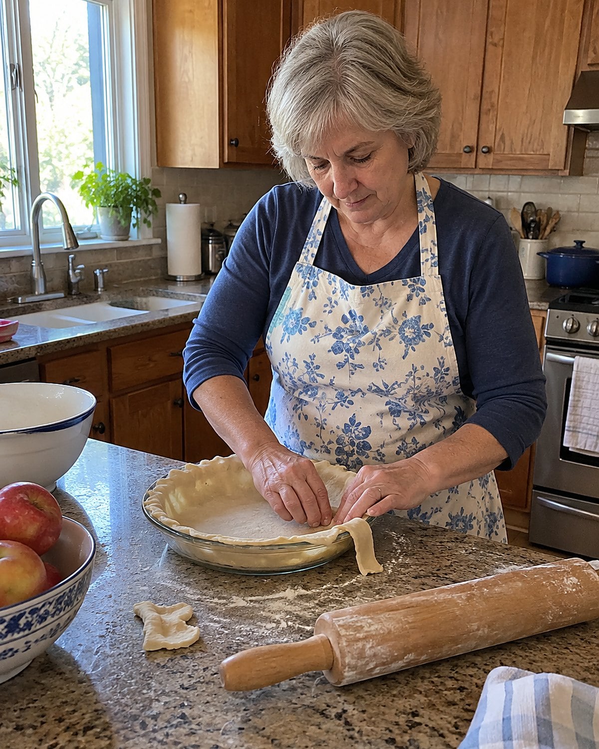 Hands press a patched pie crust into the corner of a glass pie plate.