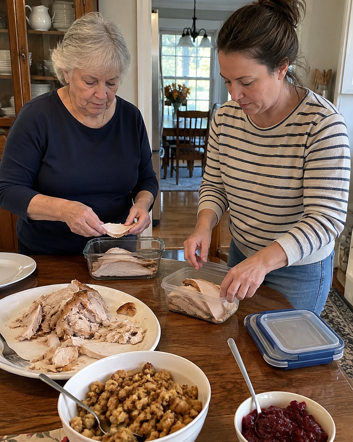 Hands pack sliced turkey into shallow containers beside a cleared dining table.