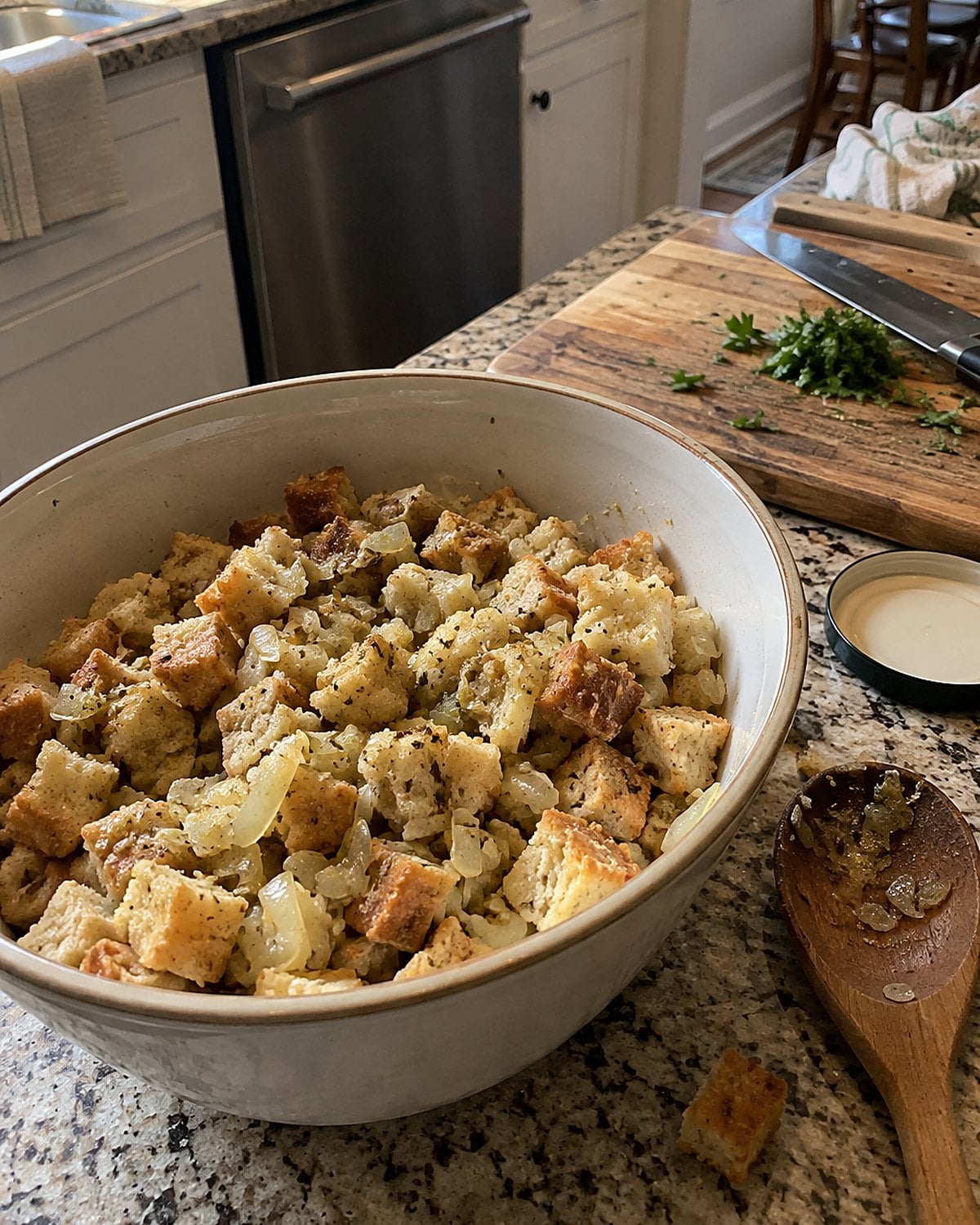 A mixing bowl of bread cubes and cooked onions sits beside a tasting spoon on the counter.