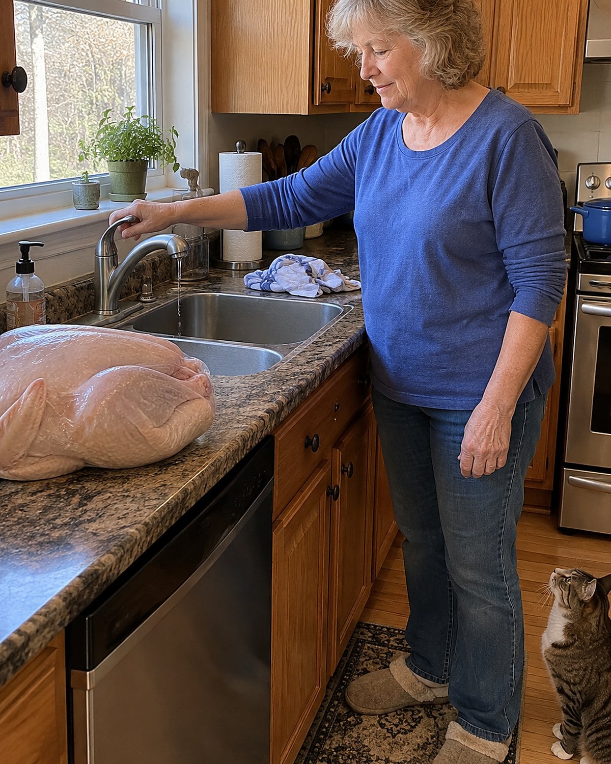 Wrapped raw turkey sits beside an empty kitchen sink as a hand turns off the faucet.