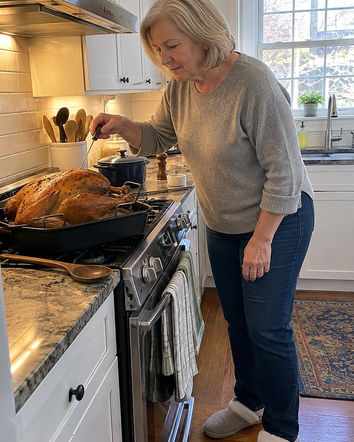 A thermometer probe points toward the breast of a turkey in a roasting pan.