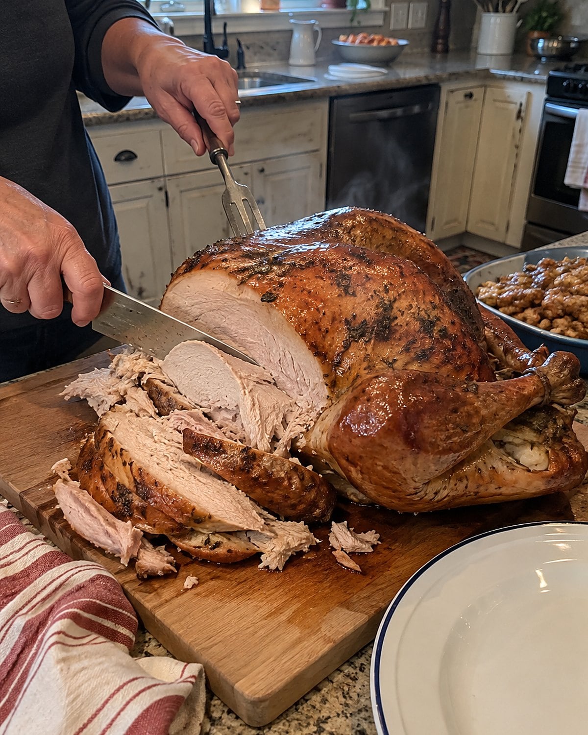 A carving knife rests beside a steaming turkey on a worn cutting board.