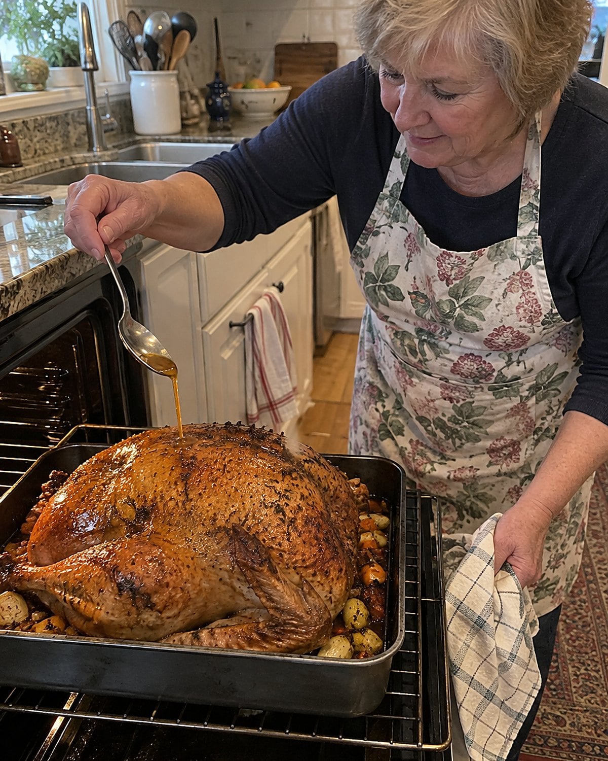 A woman's hand holds a basting spoon above a turkey on a pulled-out oven rack.