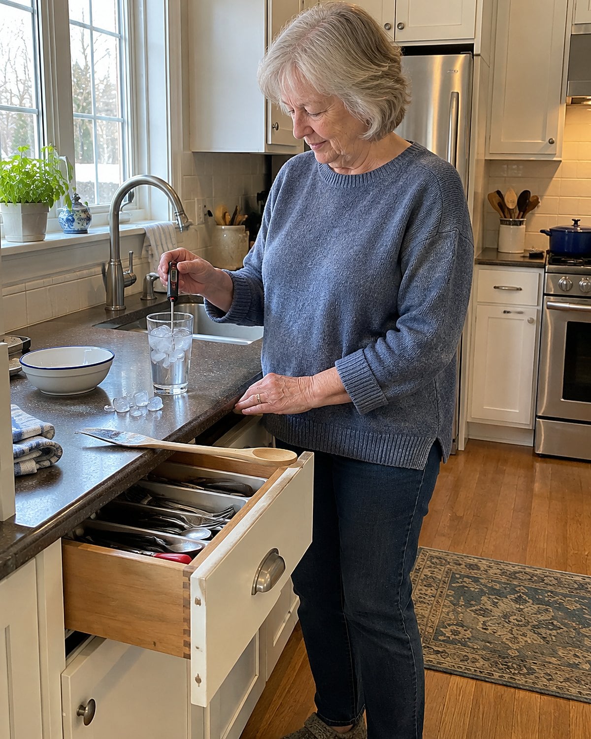 A hand holds a kitchen thermometer in a glass of ice water beside an open drawer.