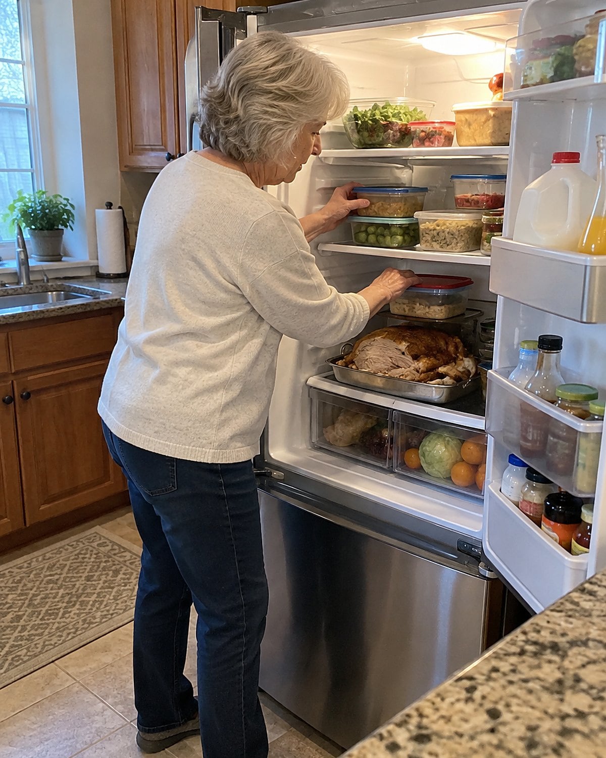 Stacked food containers leave room for a turkey tray on the bottom refrigerator shelf.