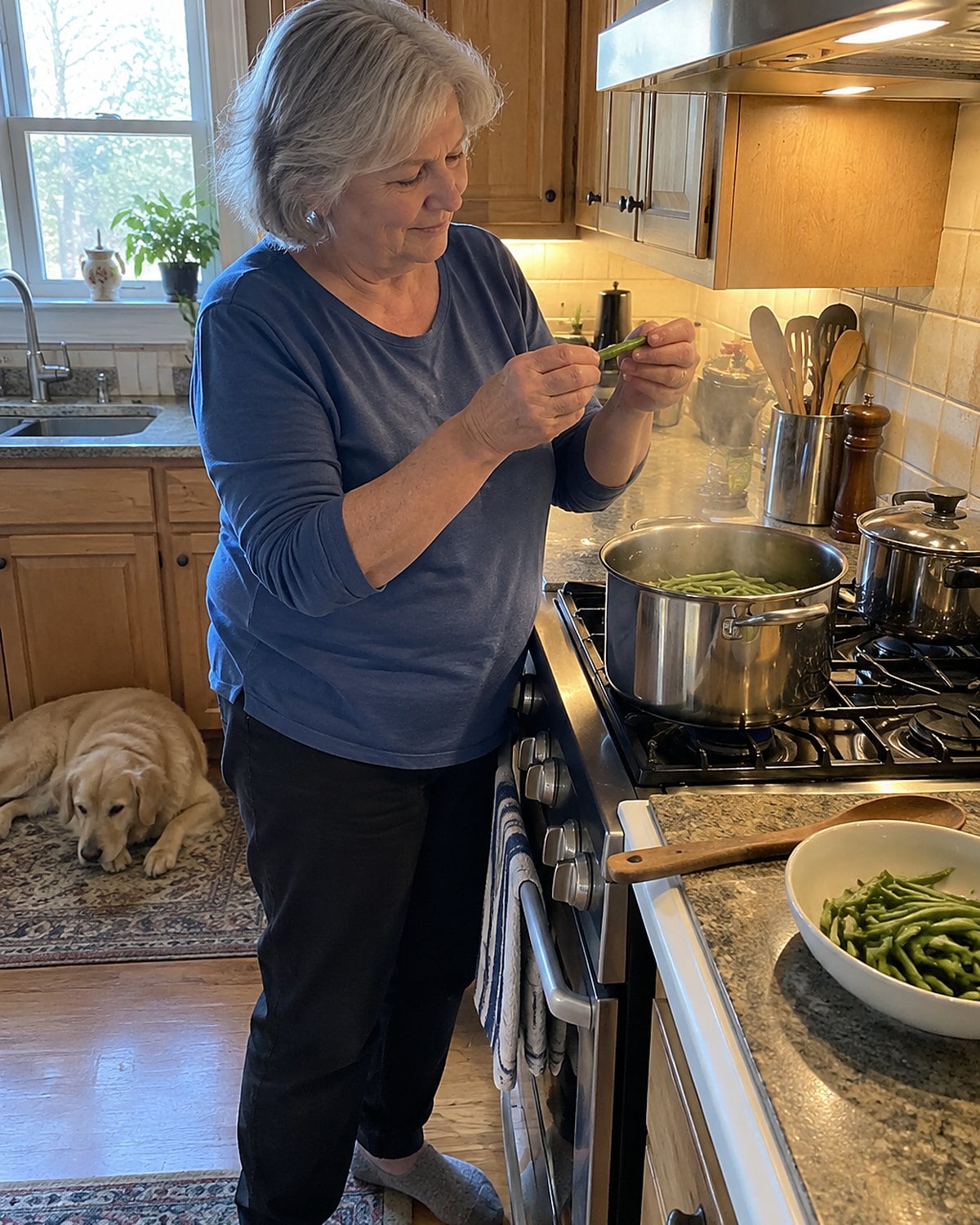 A hand bends a cooked green bean over a pot at the stove.