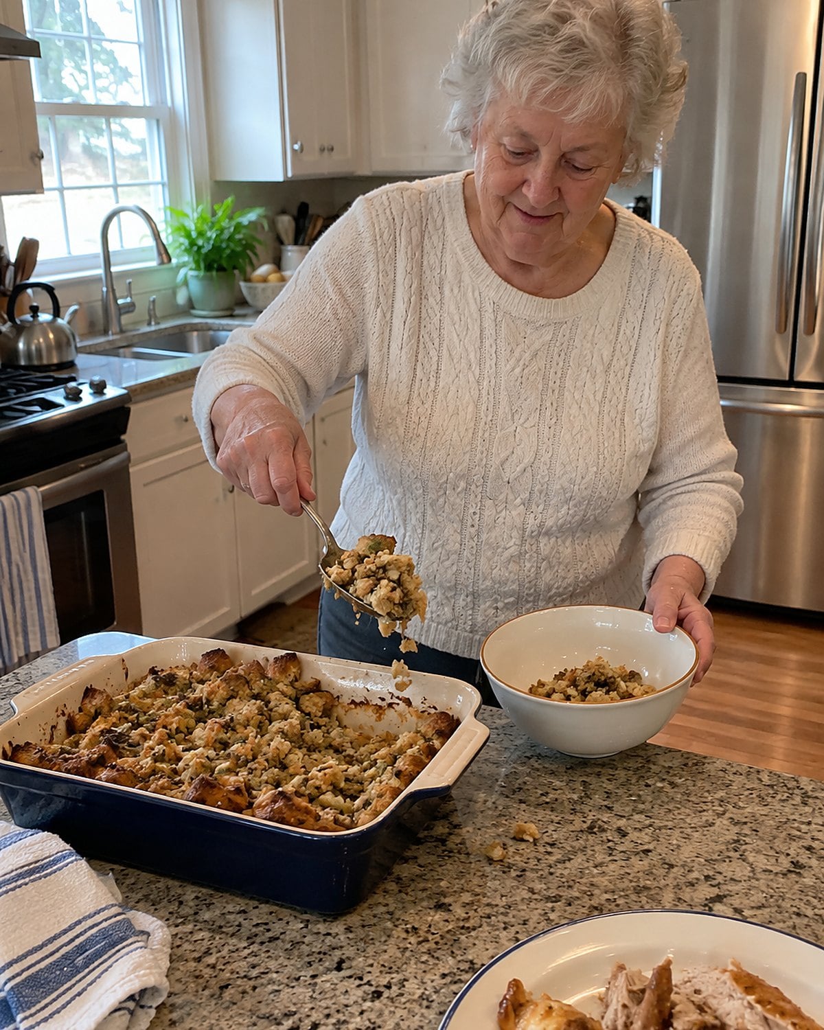 A spoon lifts loose stuffing from a baking dish with browned corners.