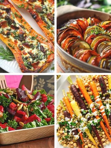 A collage featuring four delicious Thanksgiving vegetable side dishes including stuffed butternut squash, tian-style roasted vegetables, kale cranberry salad, and roasted rainbow carrots over farro.