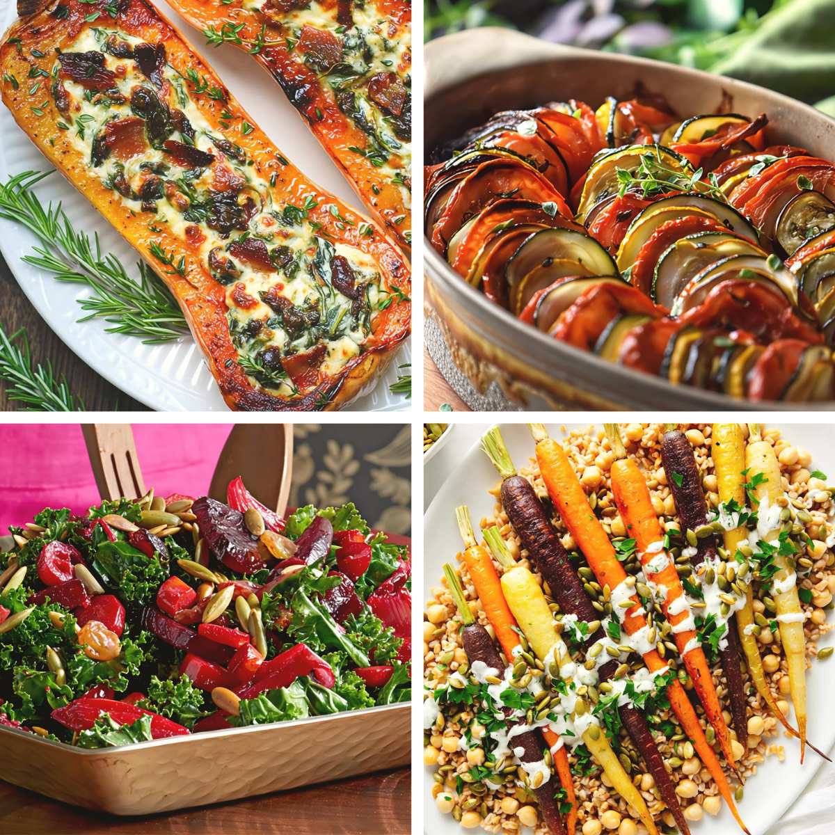A collage featuring four delicious Thanksgiving vegetable side dishes including stuffed butternut squash, tian-style roasted vegetables, kale cranberry salad, and roasted rainbow carrots over farro.