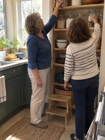 At a pantry shelf around noon, two women friends reach for a tin and a glass jar, with a step stool below them and neither looking at the camera.