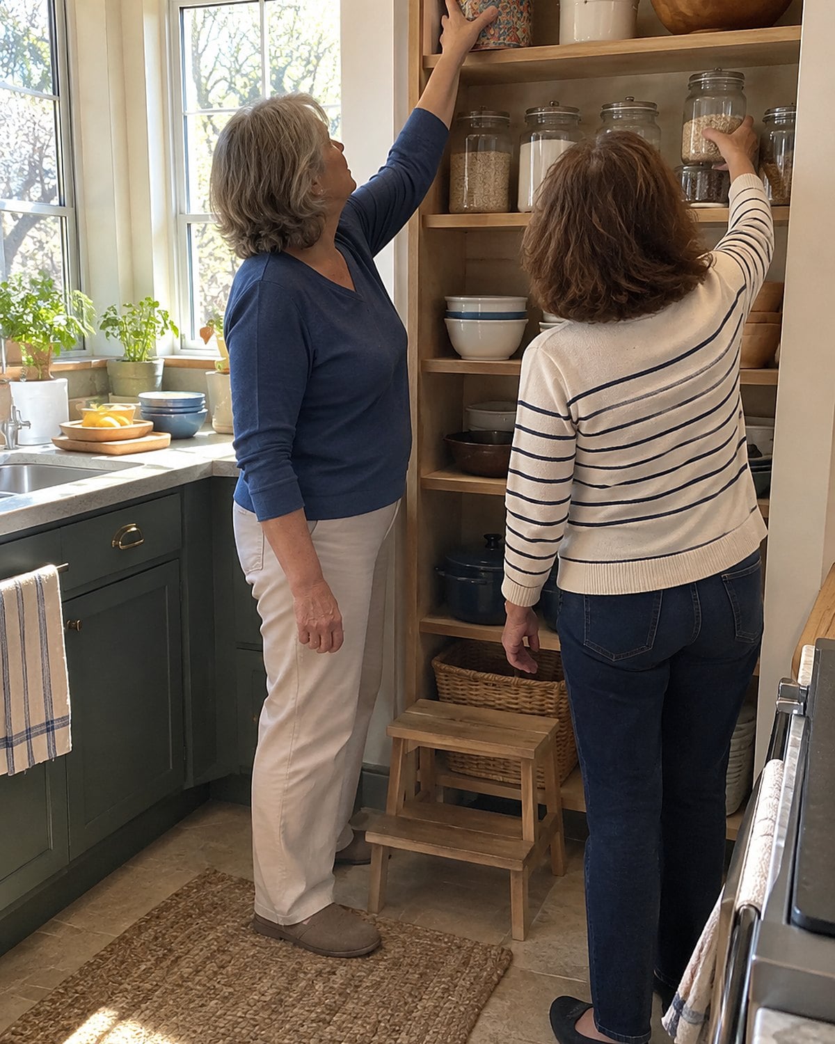 At a pantry shelf around noon, two women friends reach for a tin and a glass jar, with a step stool below them and neither looking at the camera.