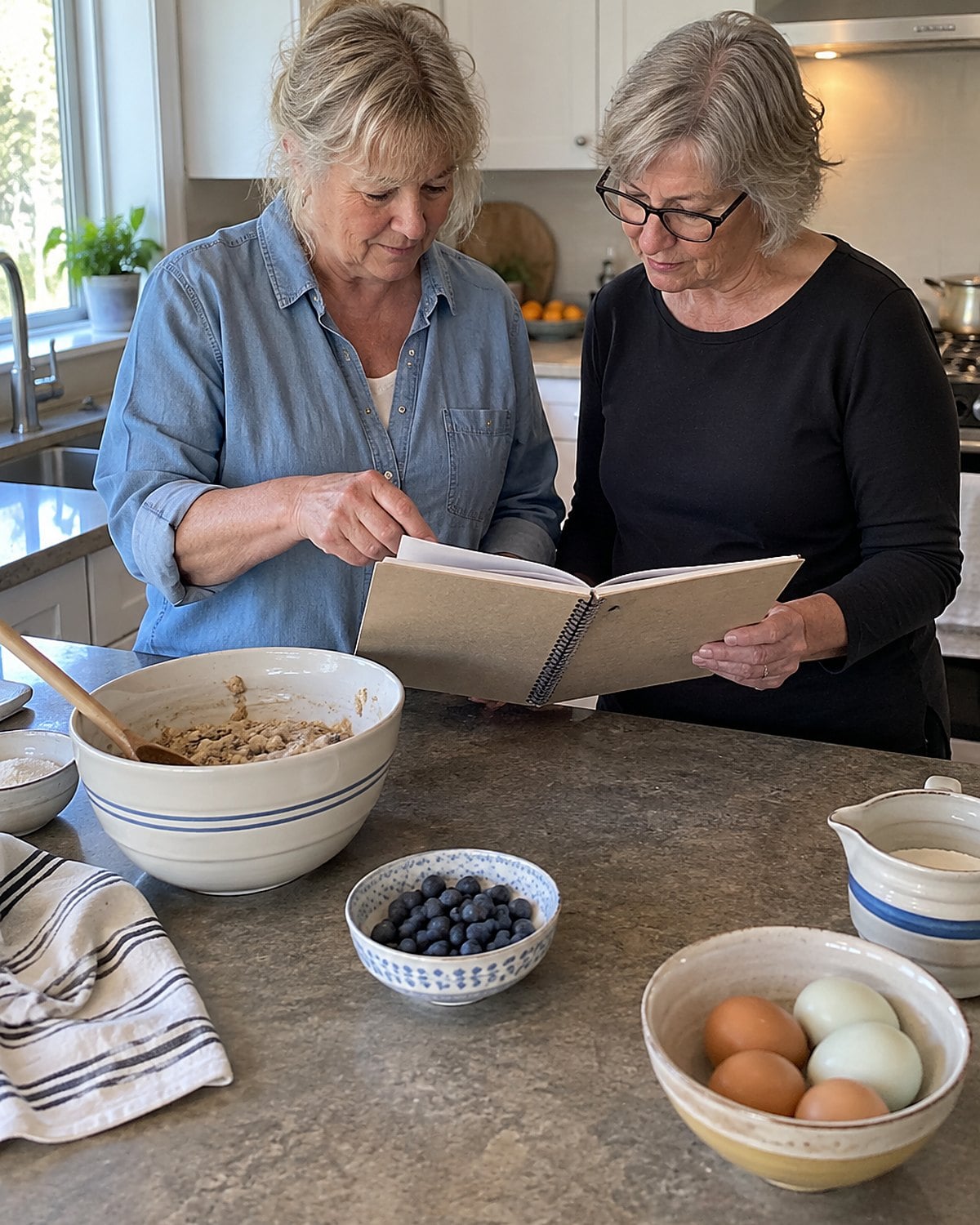 Two pairs of hands turn the pages of a handwritten recipe notebook on a kitchen counter.
