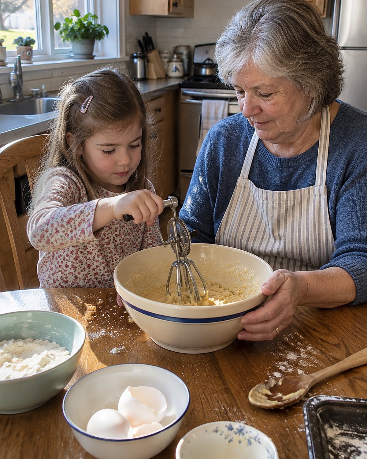 A grandchild turns a hand-cranked egg beater in a bowl steadied by an older woman's hands.