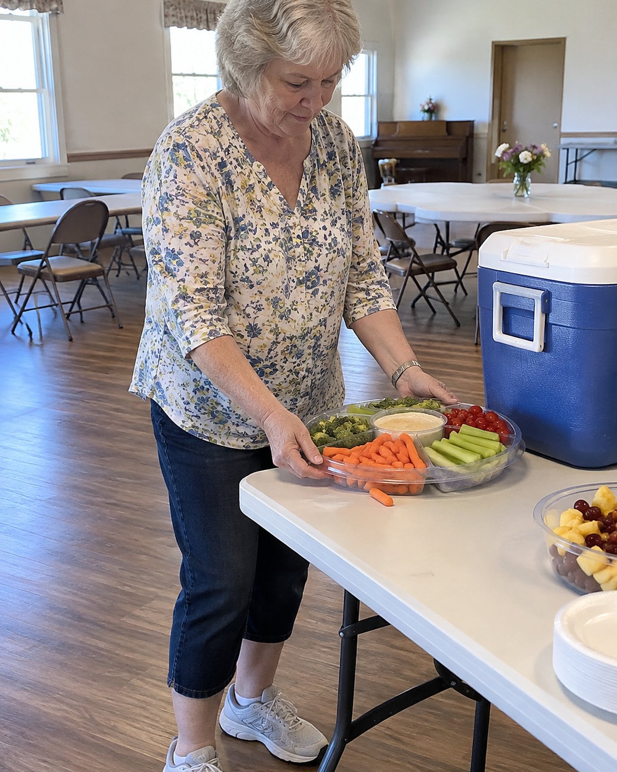 Hands set a divided vegetable tray onto a church hall table beside a cooler.