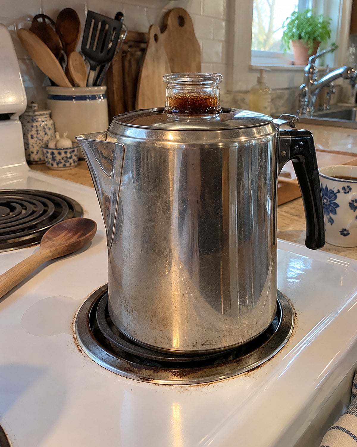 Coffee rises into the glass knob of a percolator on a white stove.