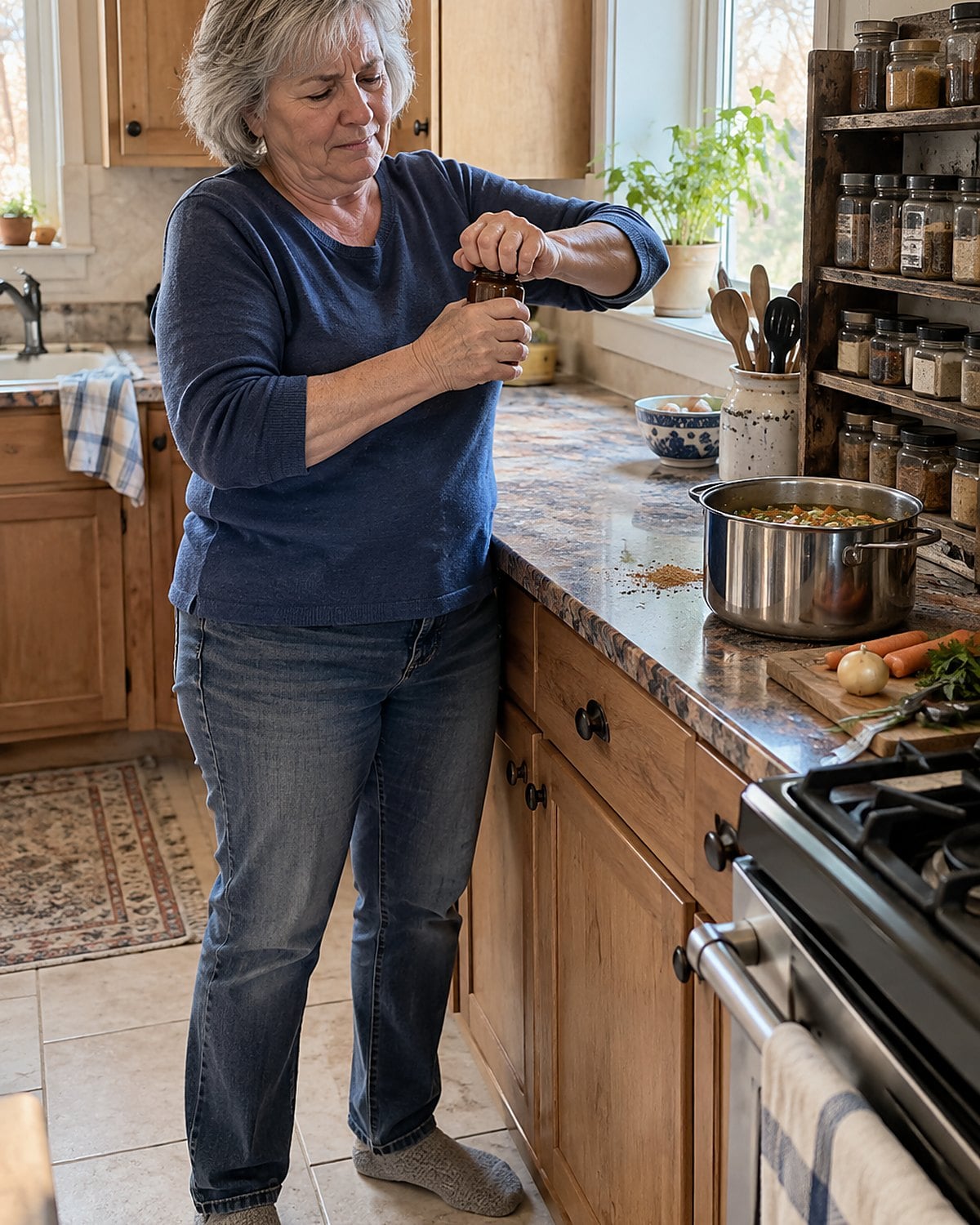 A hand opens a brown-glass spice jar in front of a worn kitchen spice rack.