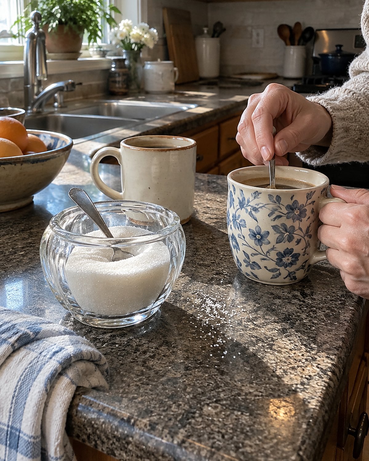 A glass sugar bowl with a spoon stands beside mismatched coffee cups on a kitchen counter.