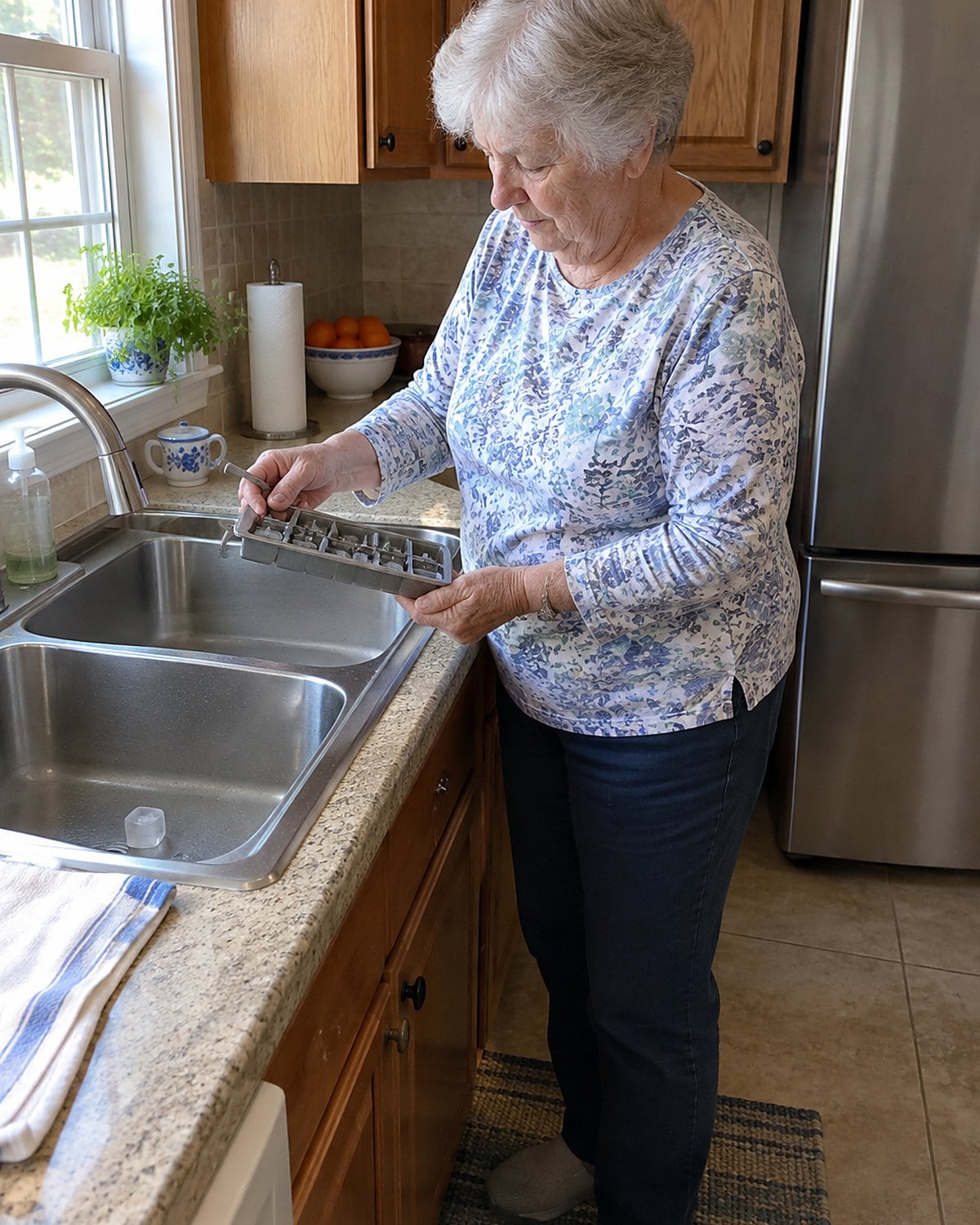 A hand pulls the lever on a metal ice-cube tray over a kitchen sink.