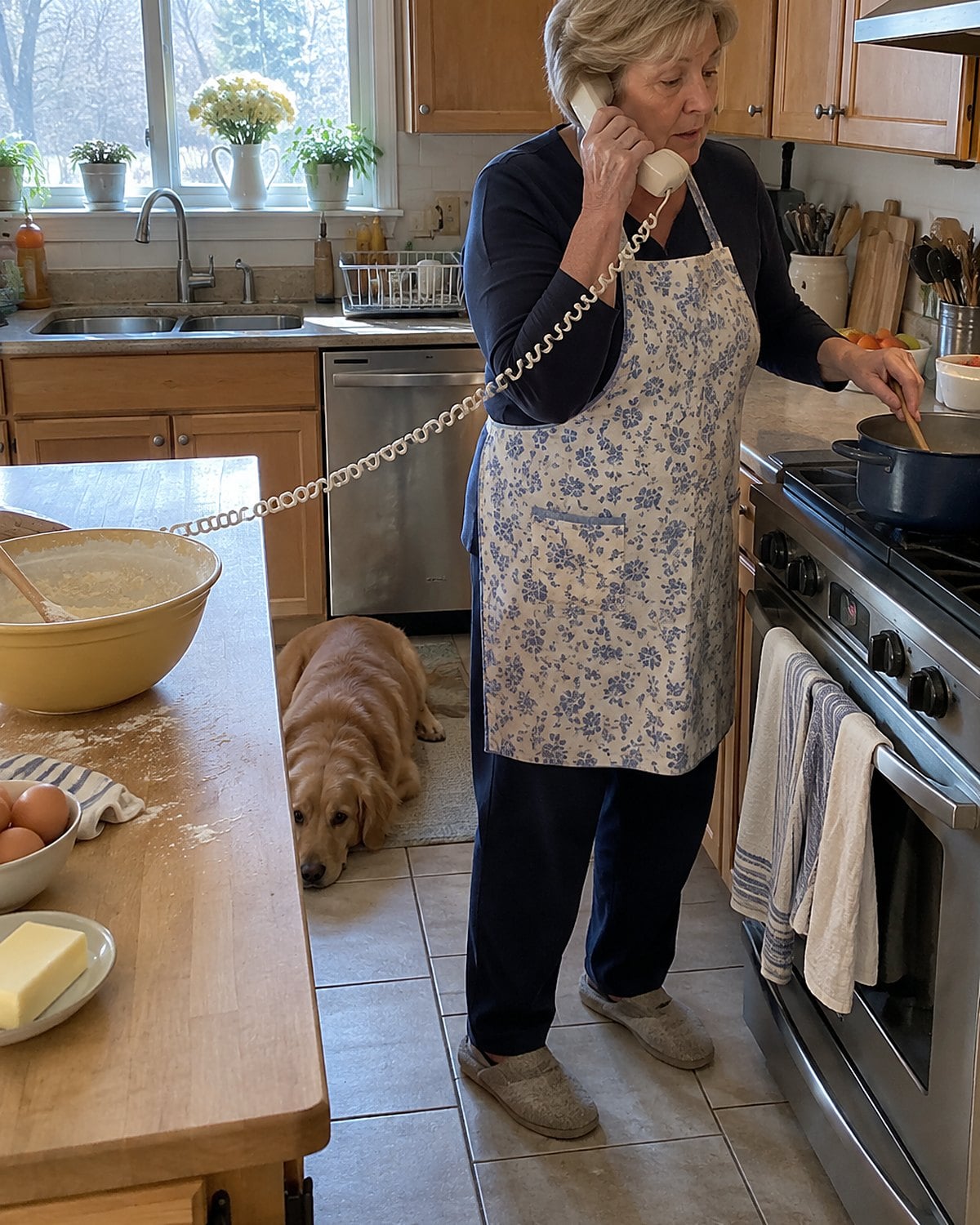 A woman's flour-dusted hand holds a wall phone receiver beside a stove, its long coiled cord stretched across the counter.