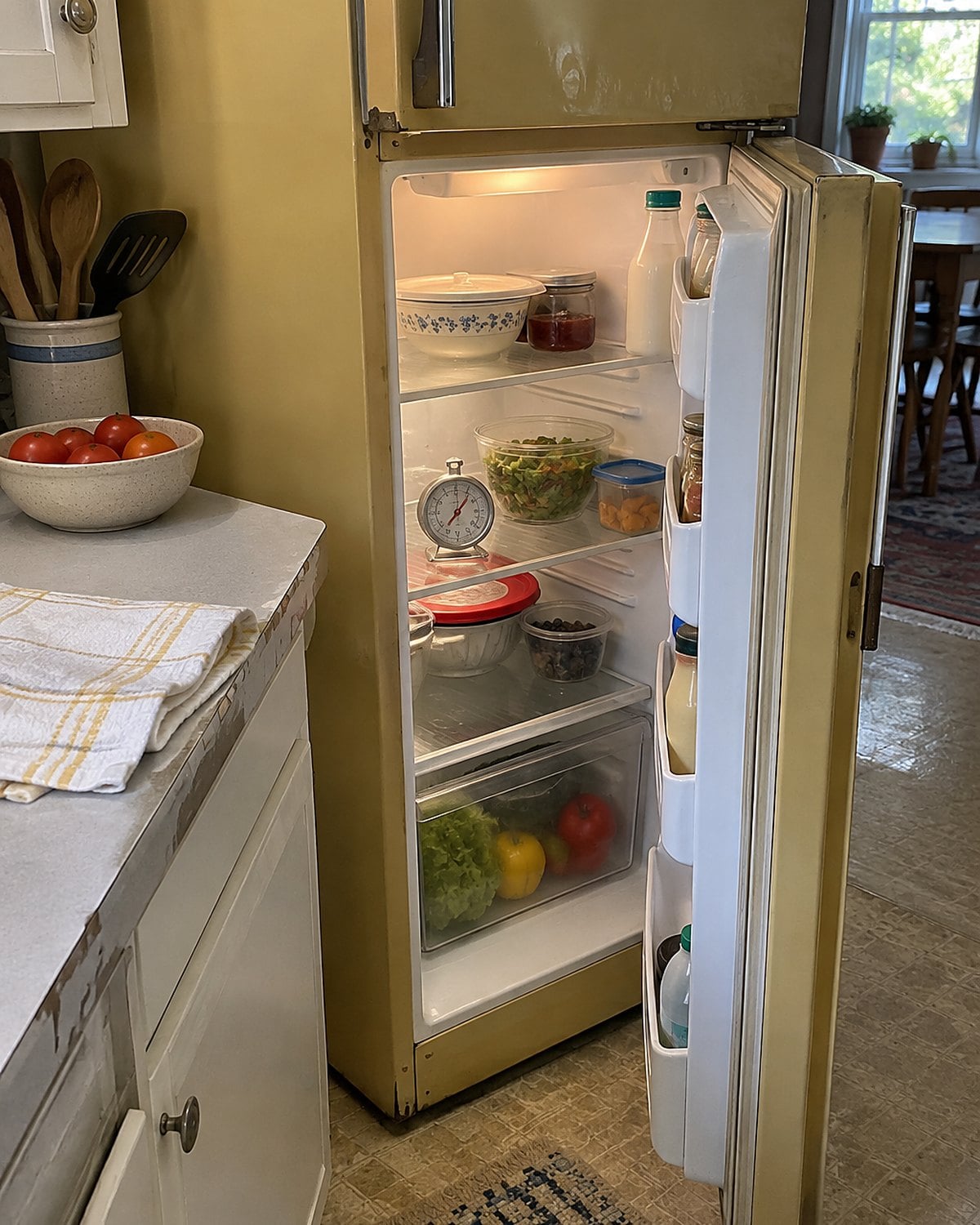 An older harvest-gold refrigerator stands beside a white kitchen counter, its door open to a thermometer on the middle shelf.