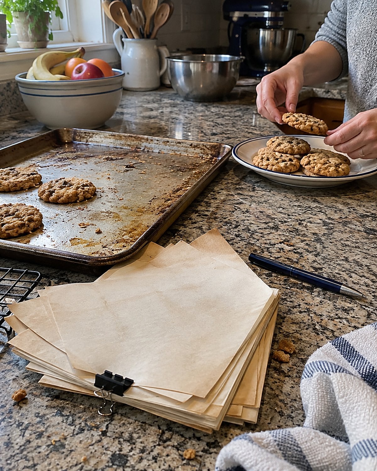 A stack of clipped newspaper recipes sits beside a pen and a stained baking pan.