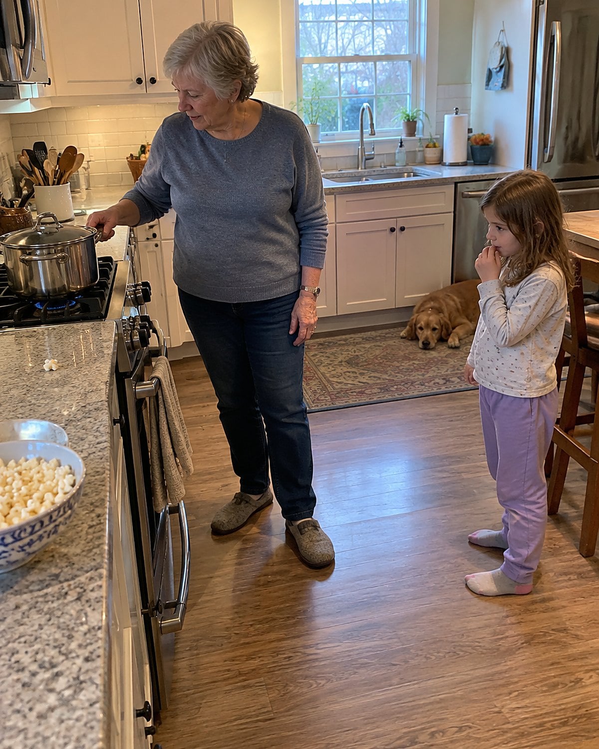 A lidded popcorn pot sits on the stove while a grandchild watches from a safe distance.