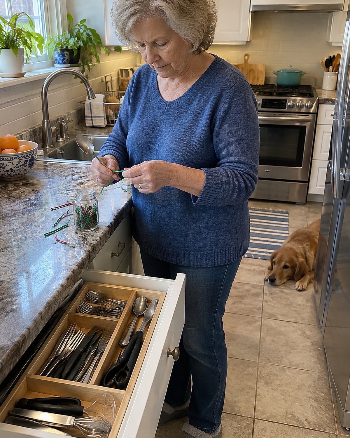 Hands sort twist ties into a small jar beside an open kitchen drawer.