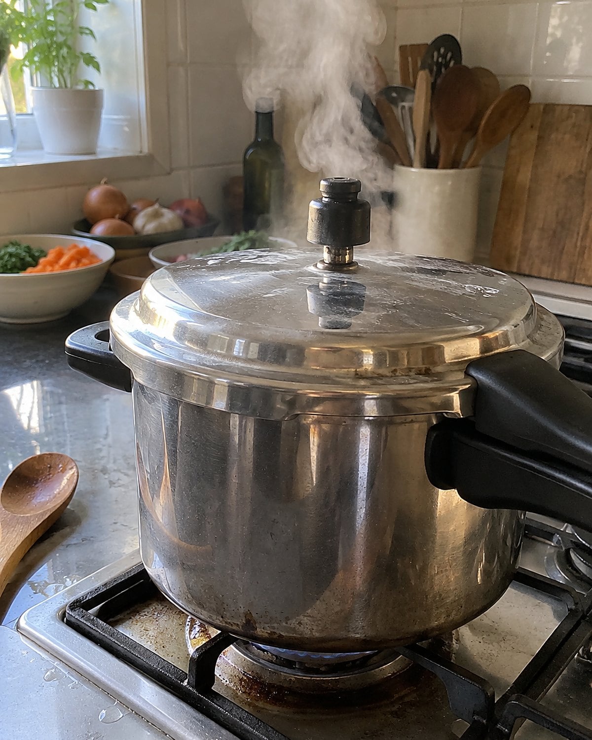 Steam escapes around the rocking weight of a stovetop pressure cooker.