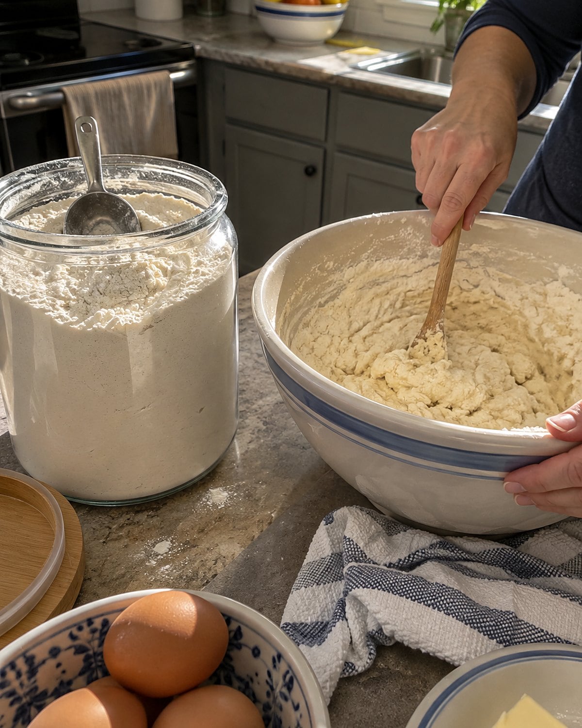 A flour-dusted scoop rests in an open canister beside a mixing bowl.