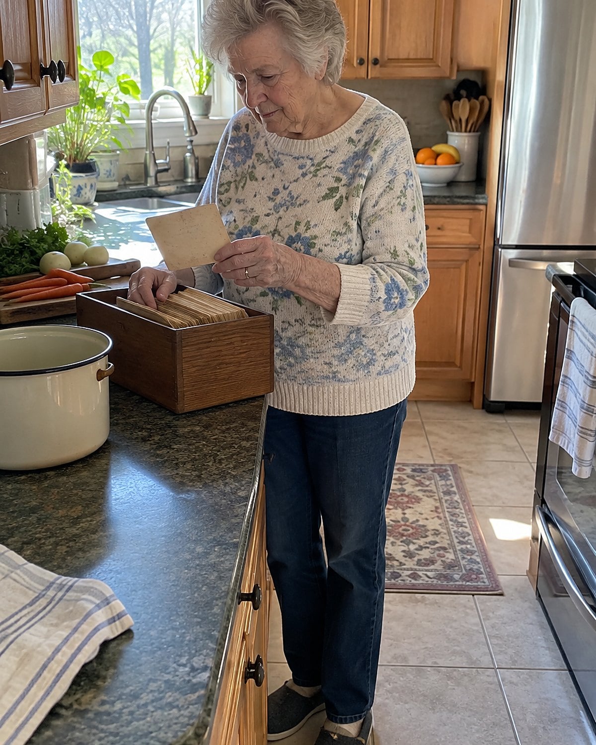 A hand lifts a stained recipe card from a wooden box on the counter.